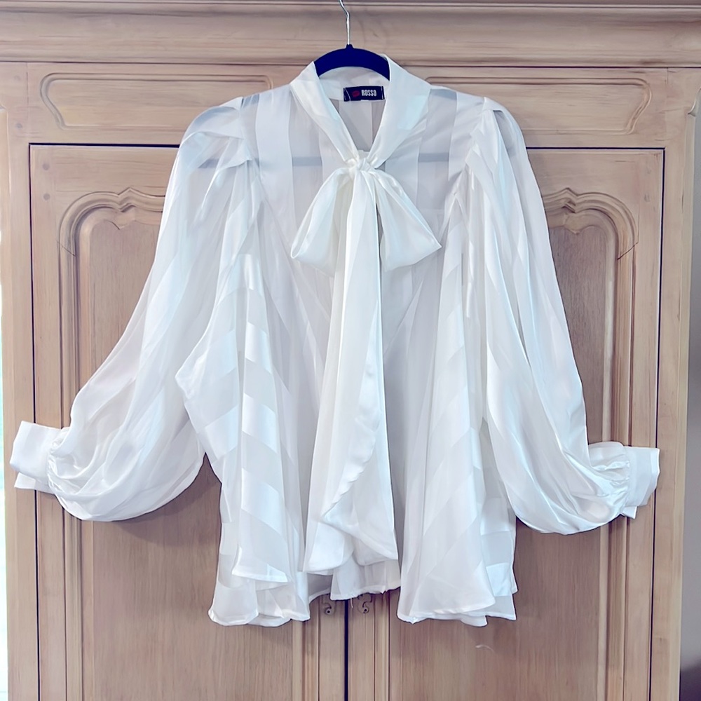 Loose Blouse with balloon sleeves, striped & self bow tie